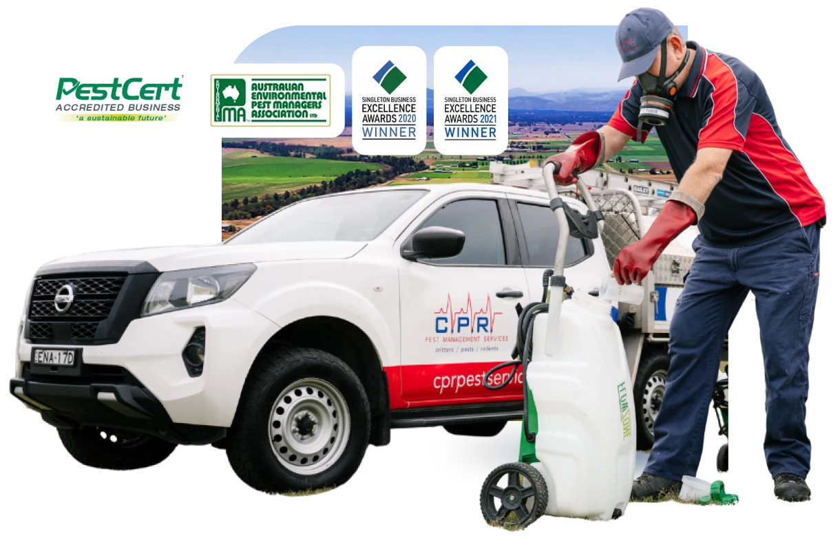 CPR Pest Management ute and technician, with PestCert, AEPMA and Singleton Business Excellence Award badges