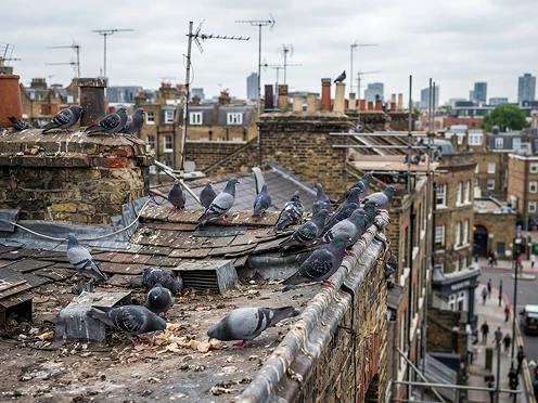 Feral pigeons roosting on a rooftop