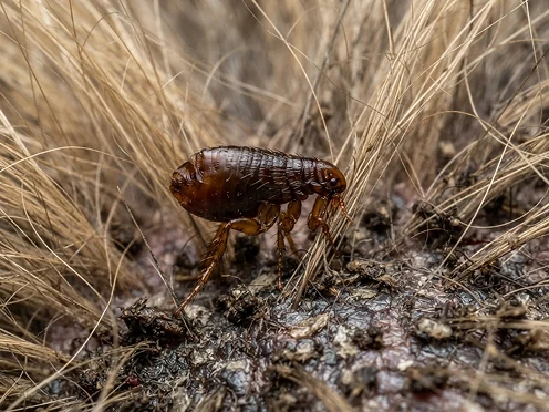 Close-up of a flea in carpet fibres